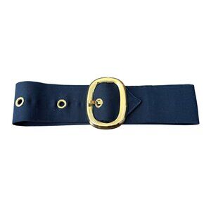 Vintage Prestige Gold Oval Buckle Nave Blue Wide Belt Size 31" Classic Statement